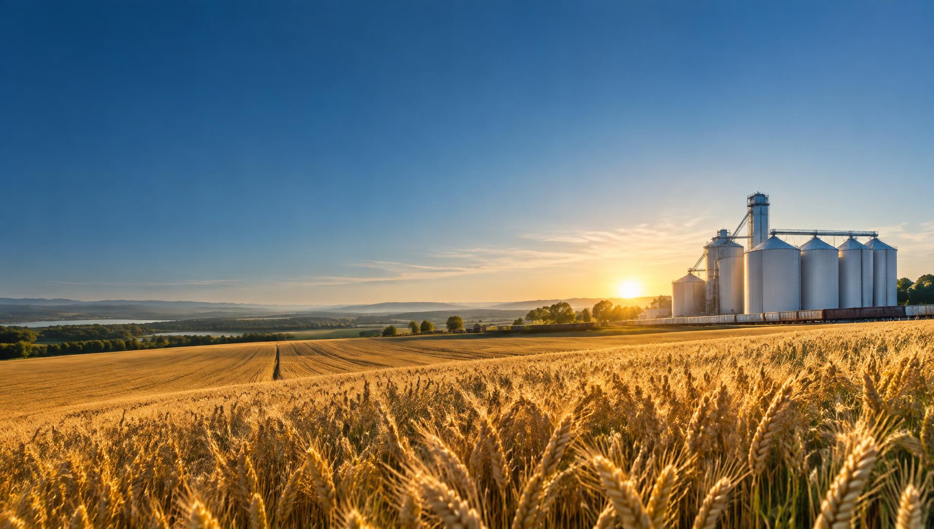Organic grain fields and modern agricultural storage at sunrise